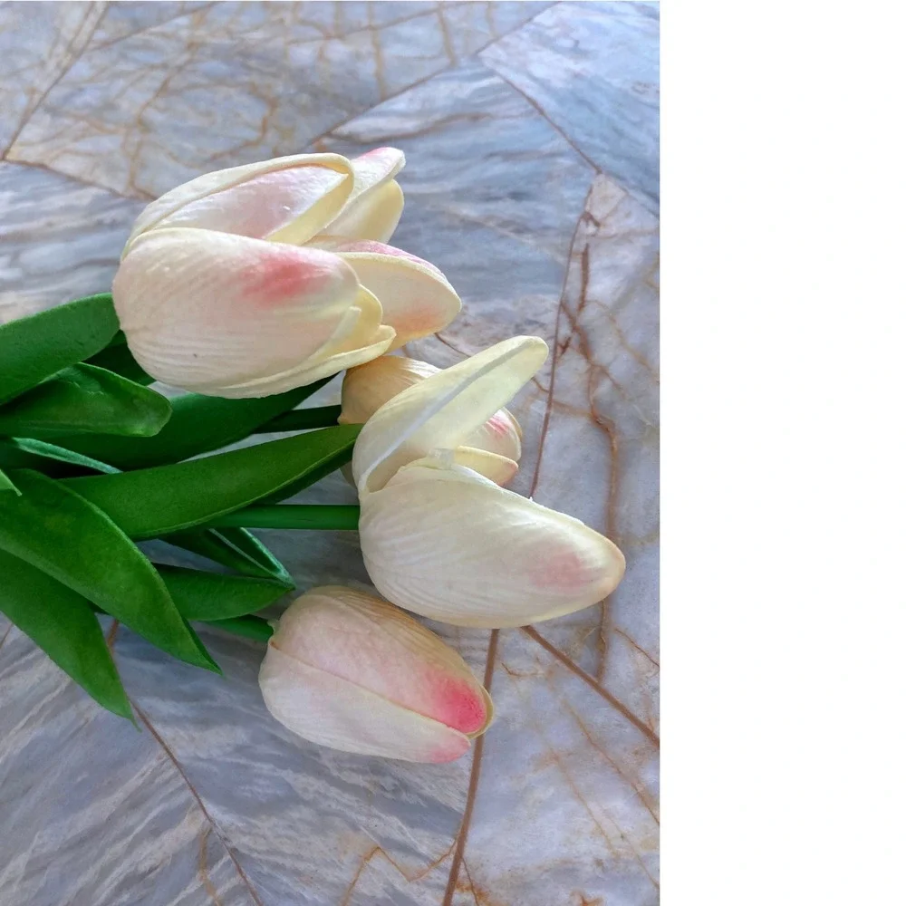 5 Piece Artificial Tulip Stems Cream Pink Faux Silk Flowers Spring Home Decor